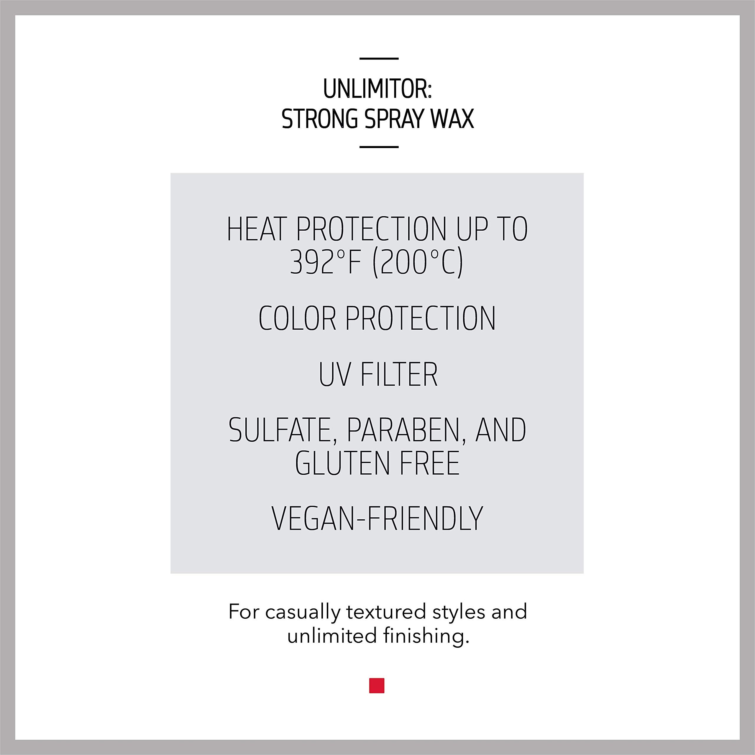 Textfeld mit Produktinformationen: Hitzeschutz, Farbschutz, UV-Filter, vegan-freundlich. 'UNLIMITOR: STRONG SPRAY WAX'.