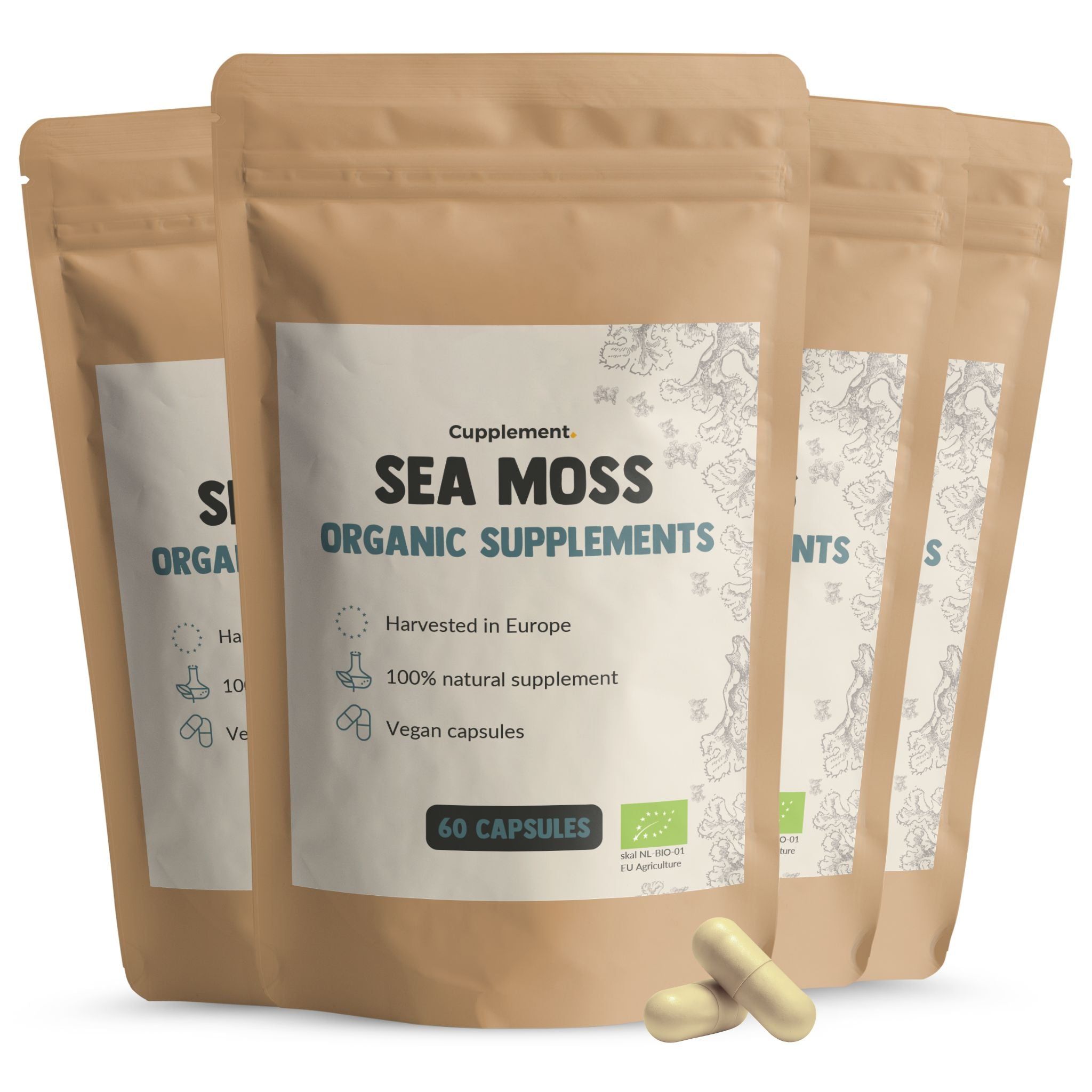 Mehrere Beutel mit Sea Moss Organic Supplements. Braune Papierverpackung mit weißen Etiketten und Kapseln.