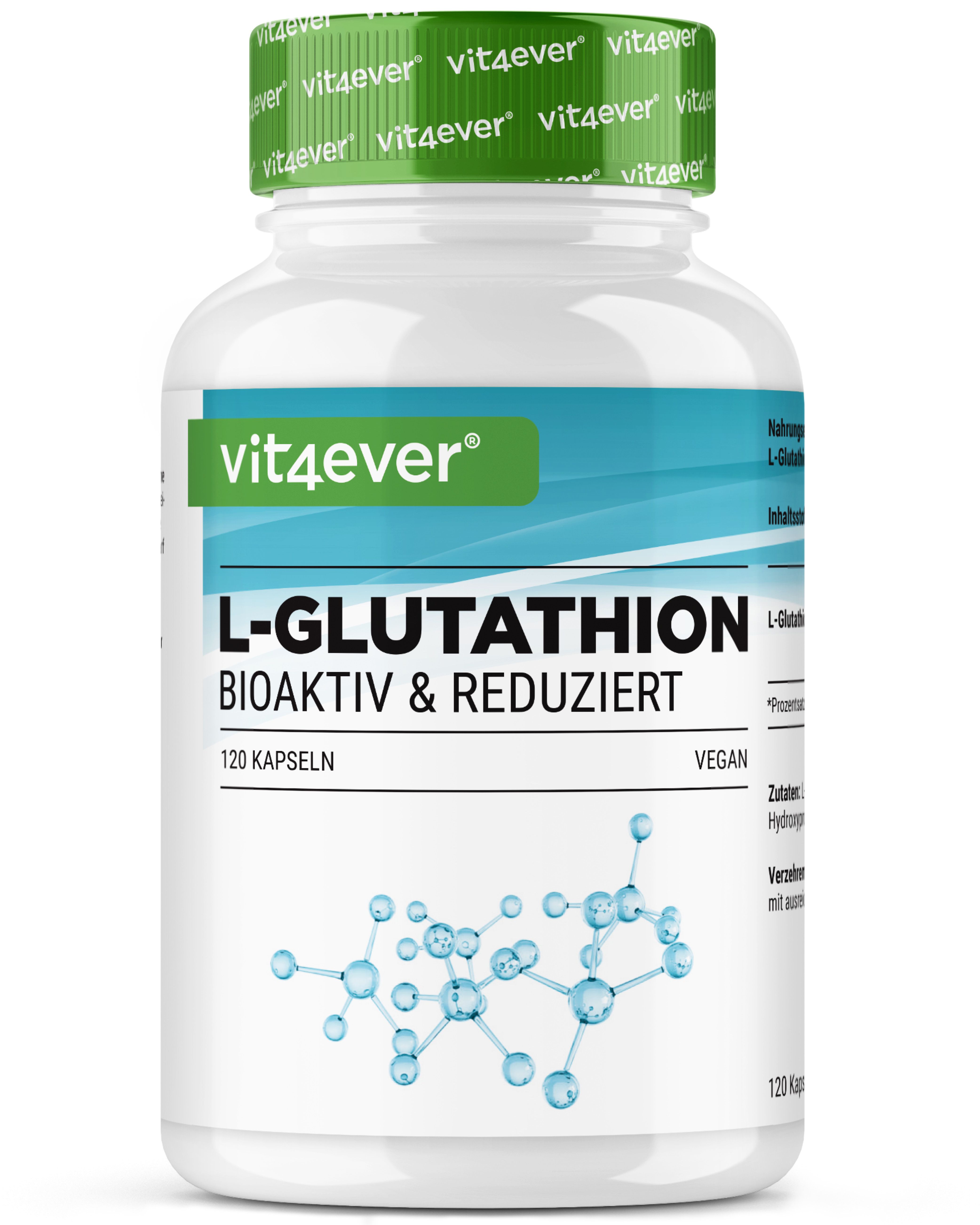 Weiße Flasche mit grünem Deckel. Aufschrift: vit4ever L-Glutathion, bioaktiv & reduziert. 120 Kapseln. Vegan.