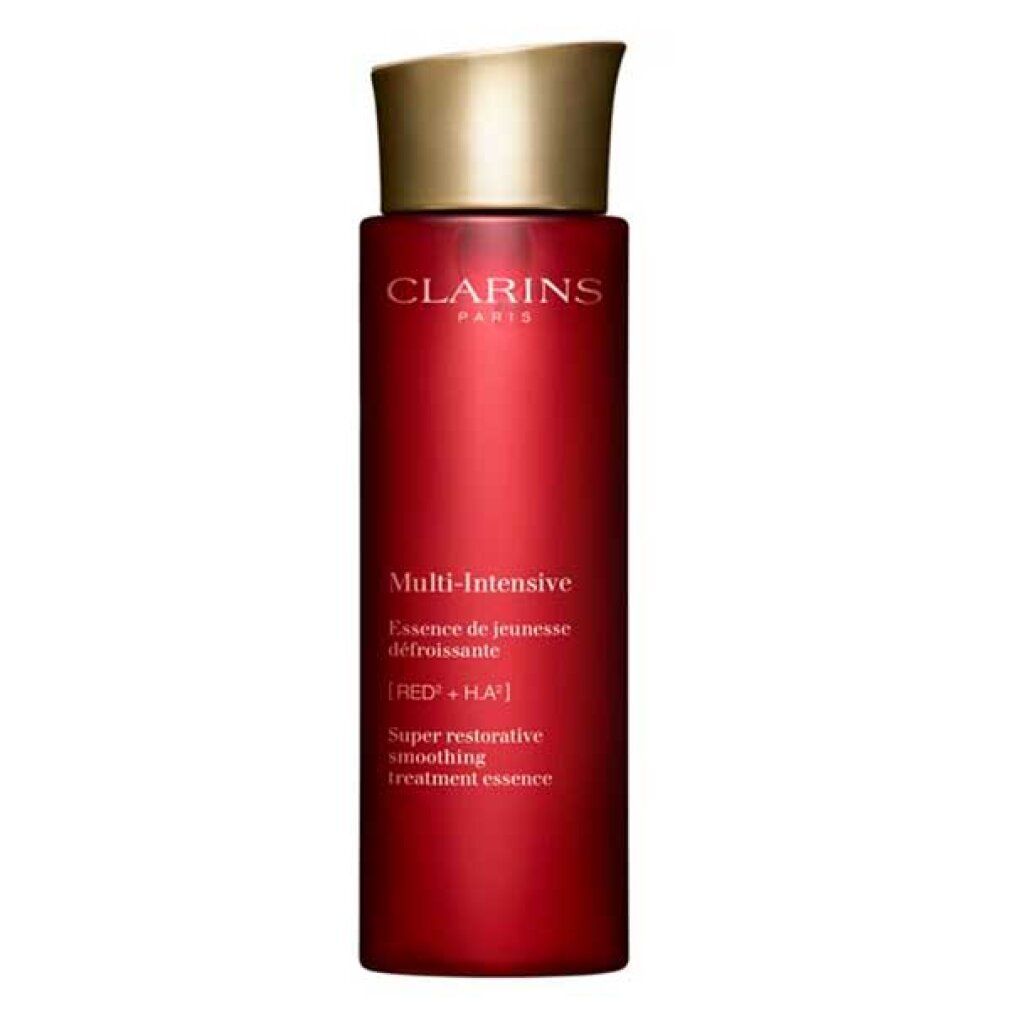 Rote Flasche mit goldfarbenem Deckel. Aufschrift: CLARINS PARIS, Multi-Intensive, Essence de jeunesse défroissante.