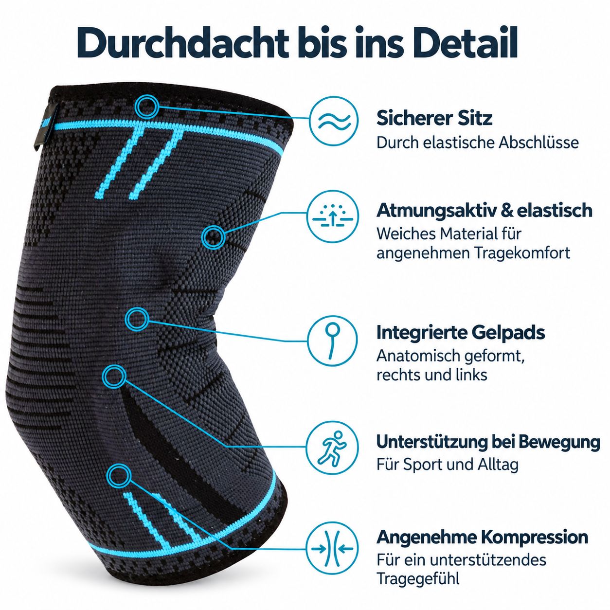 Elastische Bandage mit Gelpads und Kompressionszonen zur Unterstützung des Ellenbogens.