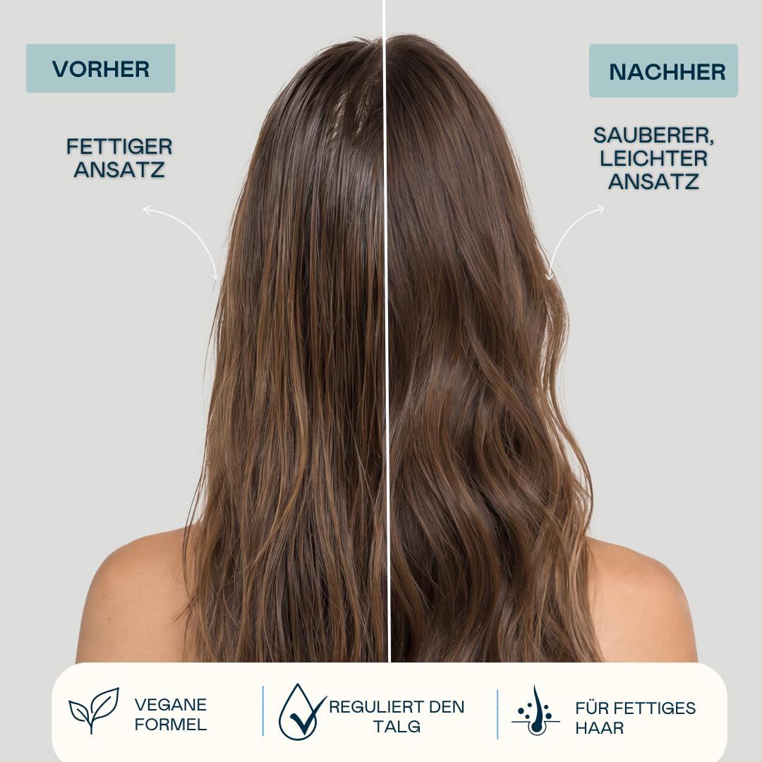 Vorher-Nachher-Vergleich von Haaren: links fettiger Ansatz, rechts sauberer Ansatz. Mit Icons für vegane Formel und Talgregulierung.