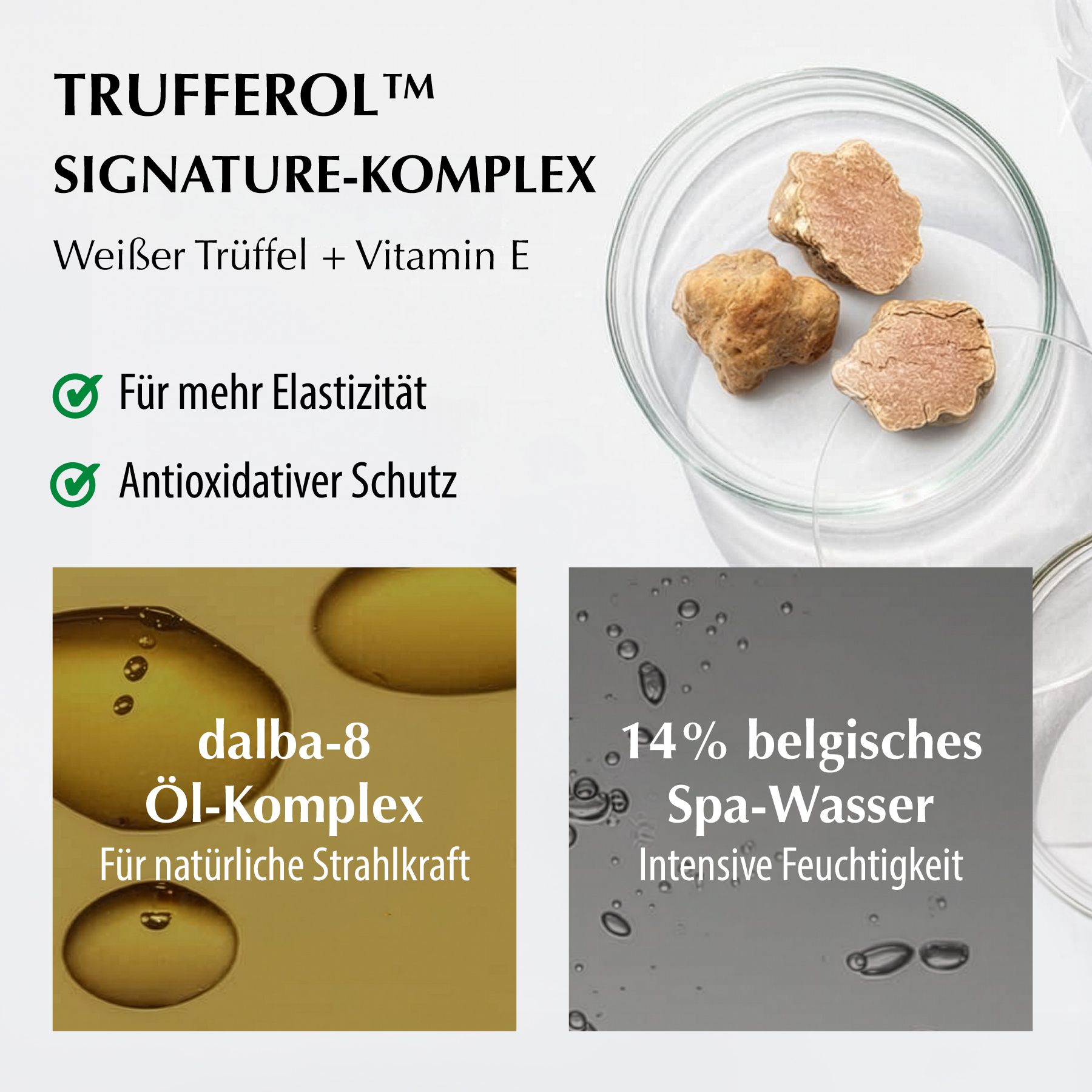 Komposition mit weißem Trüffel und Vitamin E. Drei Trüffel in einer Glasschale. Text über Elastizität und antioxidativen Schutz.