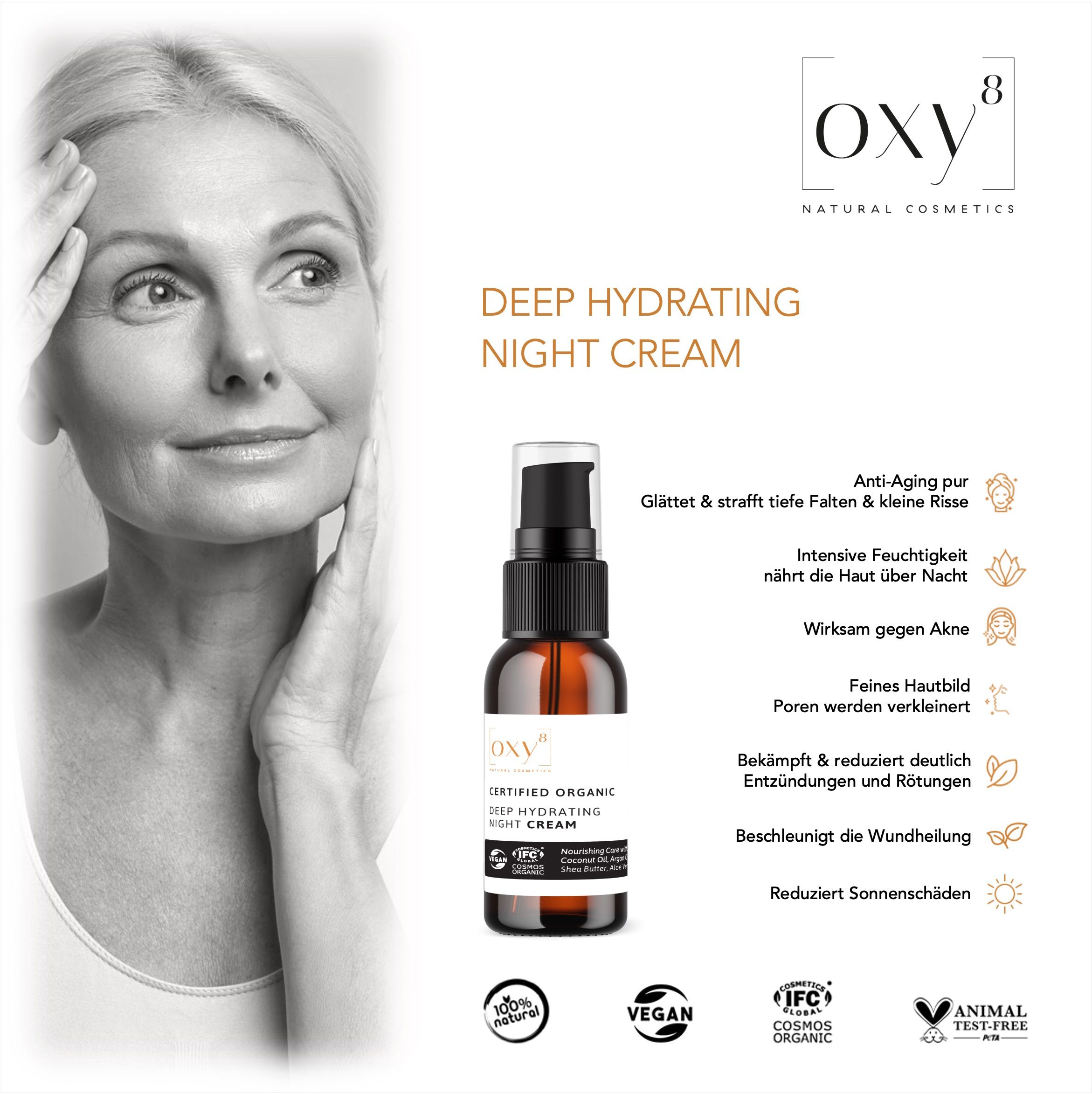 oxy8 Naturkosmetik DEEP HYDRATING NIGHT CREAM - Anti Aging Nachtcreme. Glättet Falten, nährt d. Haut