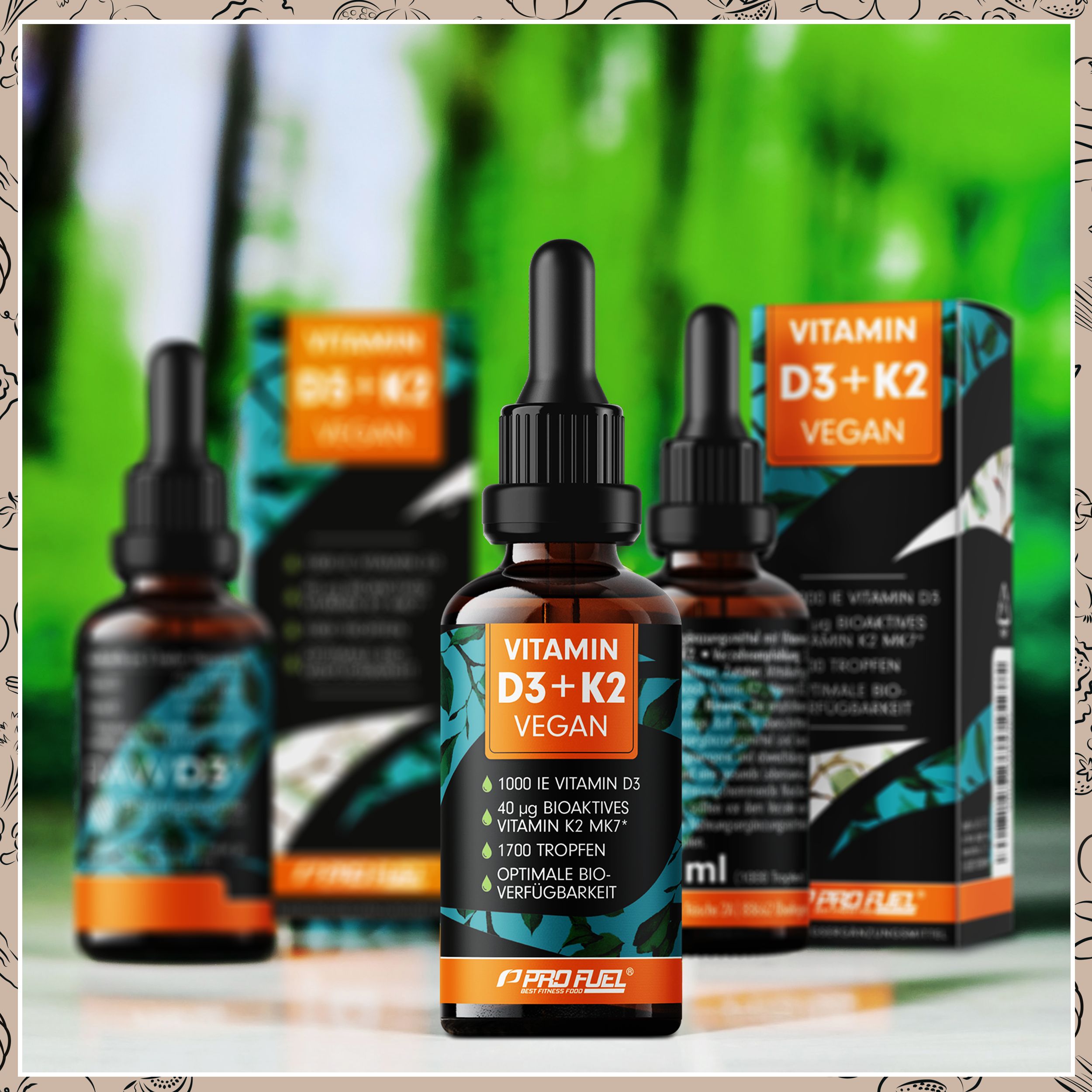 Mehrere Flaschen mit Tropfer und Verpackung. Aufschrift: Vitamin D3+K2 Vegan. Enthält 1000 IE Vitamin D3, 40 µg K2. Optimale Bioverfügbarkeit.