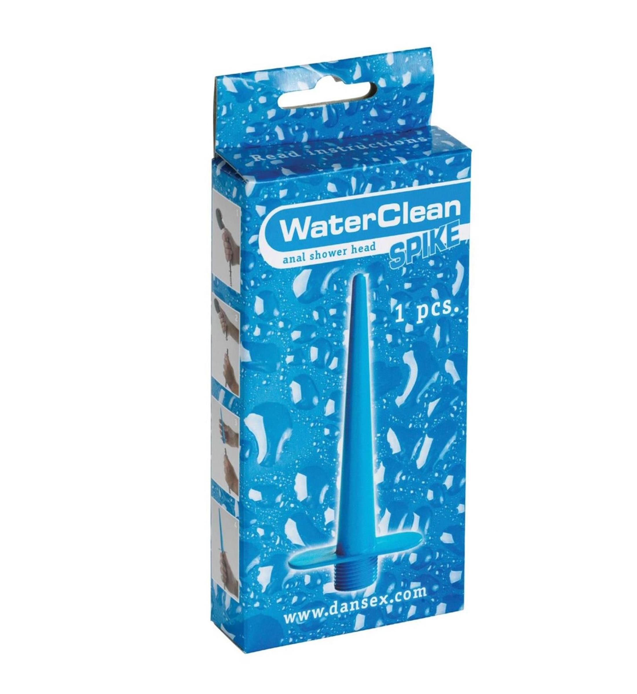 Blauer Duschkopf "Spike" in Verpackung. Verpackung mit Produktname und Logo. Produktname: WaterClean anal shower head SPIKE. 1 Stück.