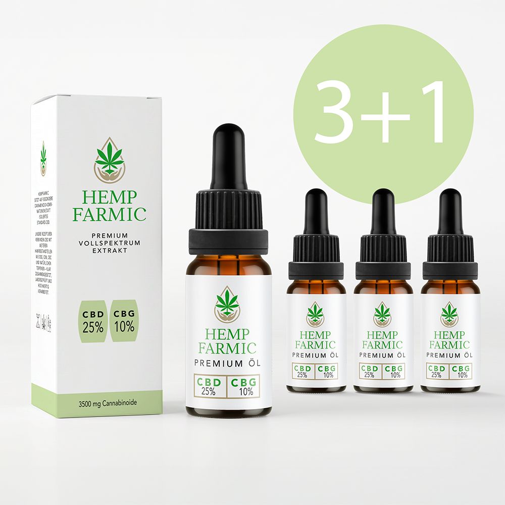 Verpackung und Flaschen mit Etikett. Aufschrift: HempFarmic, CBD 25%, CBG 10%. 3+1 Angebot.