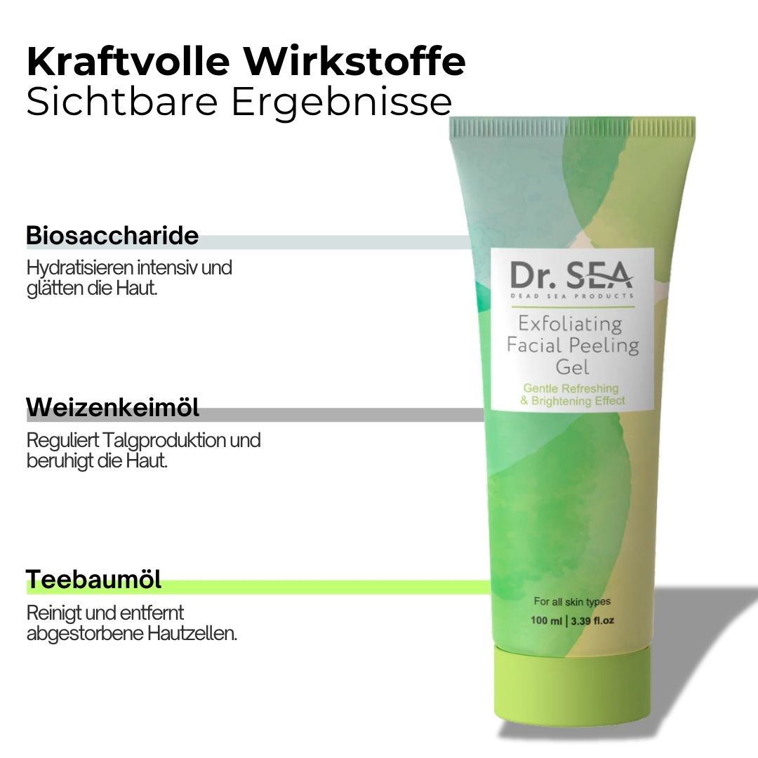Gel-Tube mit Text. Aufschrift: Dr. SEA, Exfolierendes Peeling-Gel für das Gesicht. Mit Inhaltsangaben.