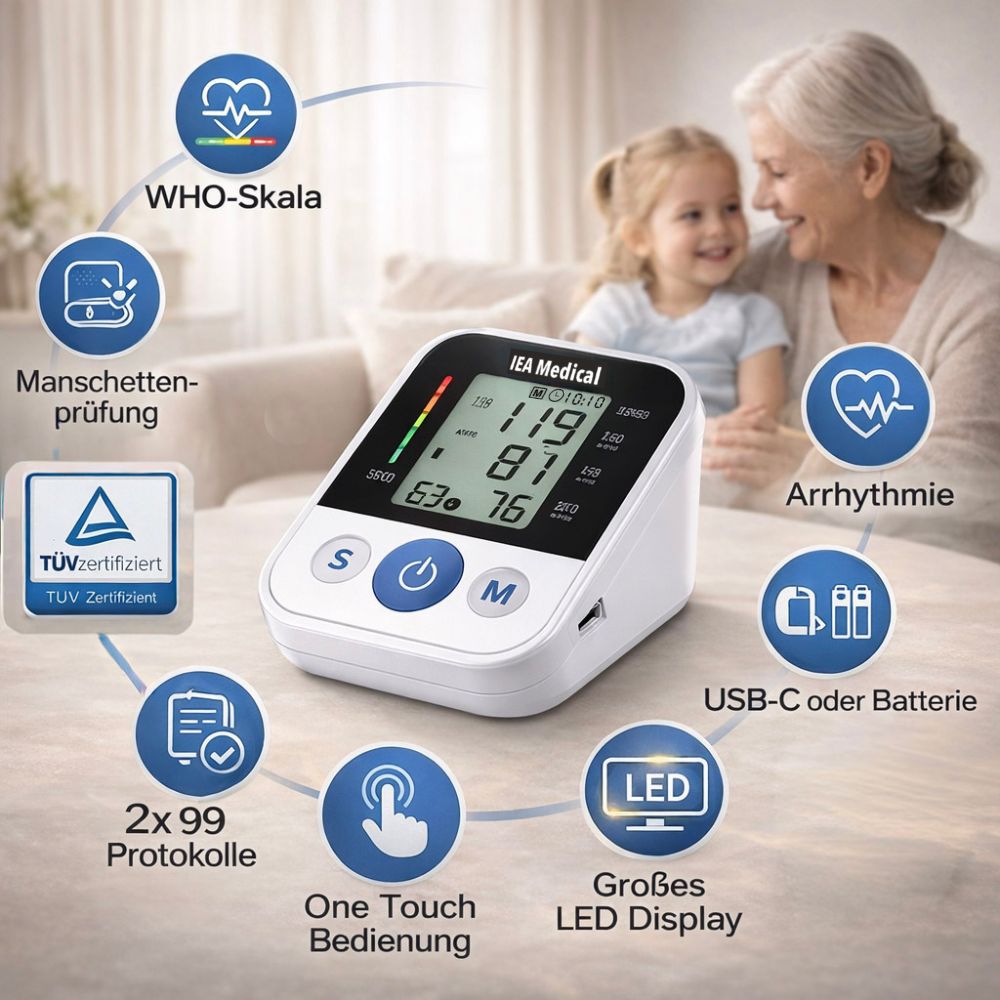 Blutdruckmessgerät mit Display, Manschette und verschiedenen Symbolen. Das Gerät zeigt Messwerte an. Das Gerät trägt das Logo IEA Medical und das TÜV-Zertifikat.