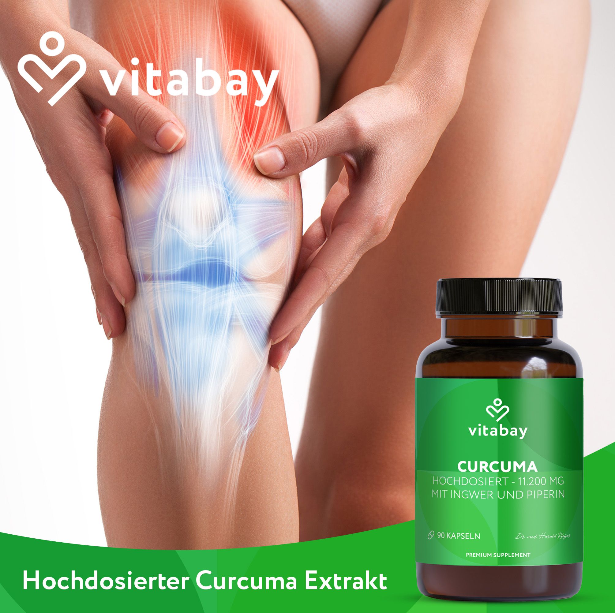 Frau hält sich das Knie, daneben eine Flasche hochdosiertes Curcuma-Extrakt.