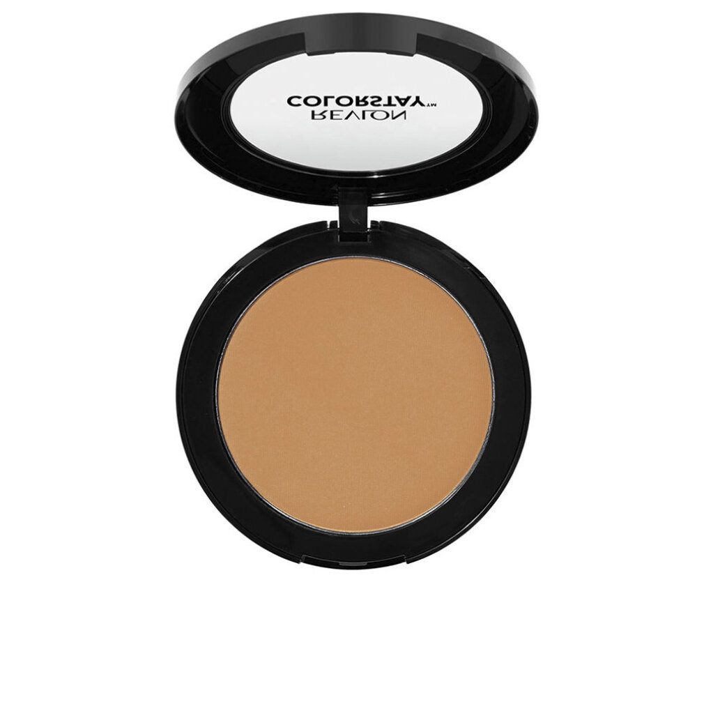 Revlon Colorstay gepresster Puder, geöffnet. Schwarzer Behälter mit Spiegel und beigefarbenem Puder. Marke und Name sichtbar.