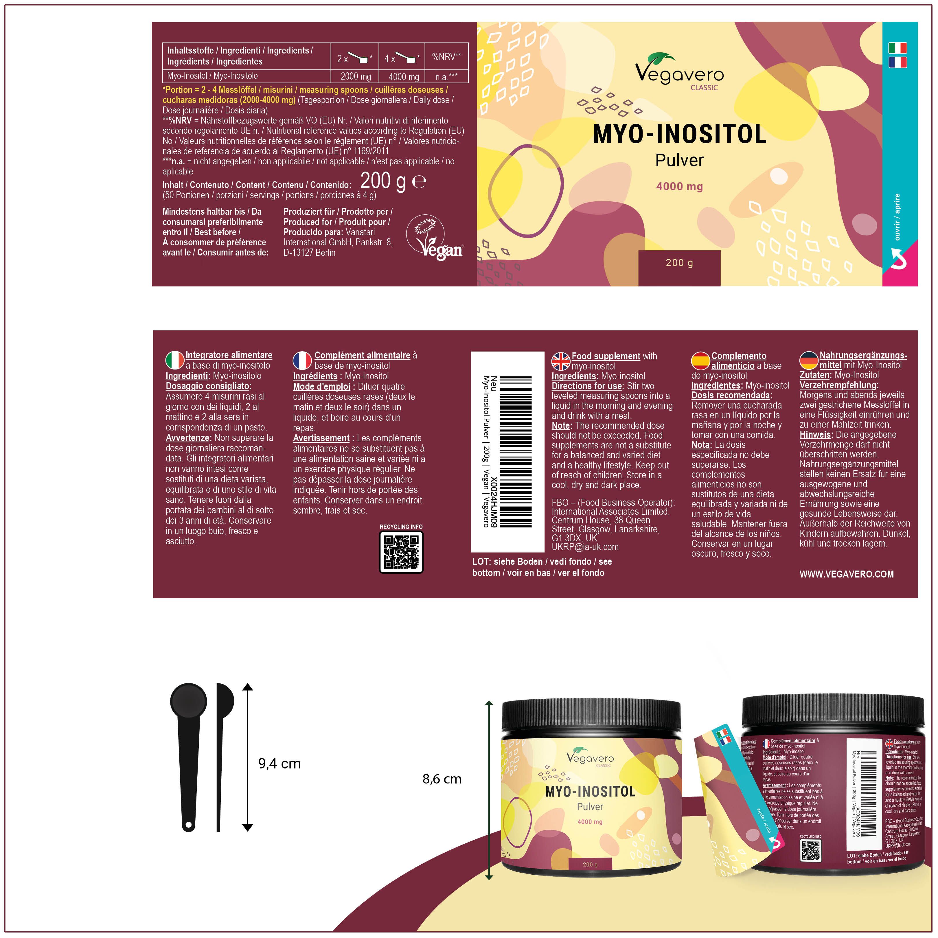 Produktverpackung mit Etikett. Aufschrift: MYO-INOSITOL Pulver, 4000 mg, 200 g. Vegan-Logo. Messlöffel und Maße.