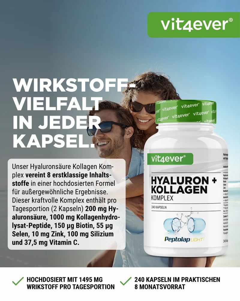 Vit4ever Hyaluron + Kollagen Komplex Flasche mit glücklichem Paar am Strand.