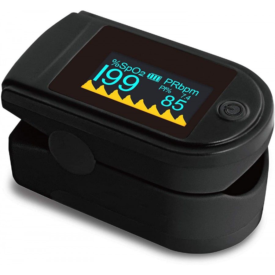 Schwarzes Finger-Pulsoximeter mit Display. Anzeige von SpO2, Pulsfrequenz und PI-Wert. Ein-Knopf-Bedienung.