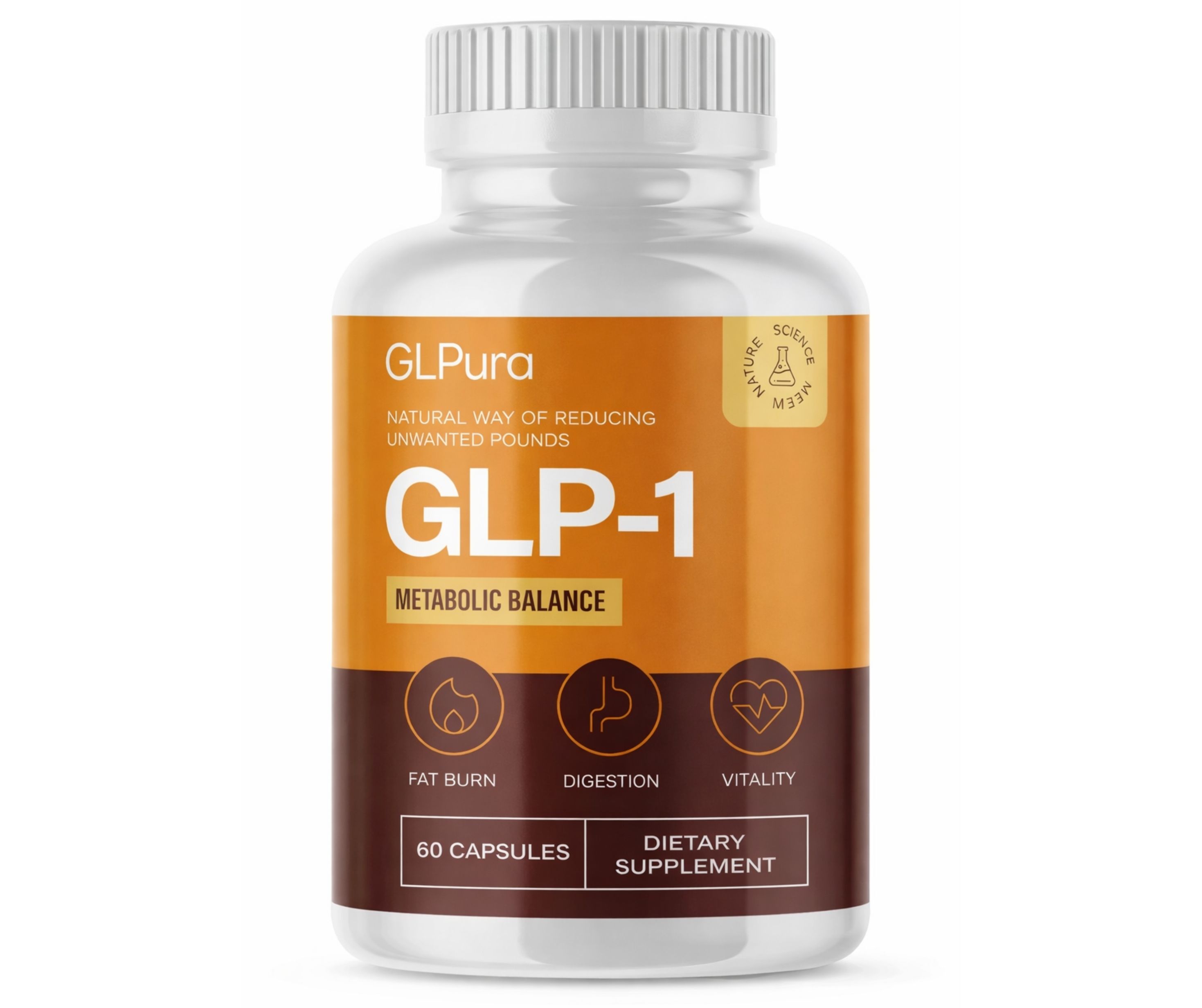 Weiße Flasche mit Kapseln. Aufschrift GLPura, GLP-1, METABOLIC BALANCE. 60 Kapseln. Nahrungsergänzungsmittel.
