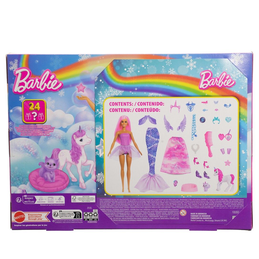 Barbie Adventskalender-Rückseite. Enthält Puppe, Einhorn, Katze, Kleidung und Zubehör. Verpackung mit Logo und Inhaltsangabe.