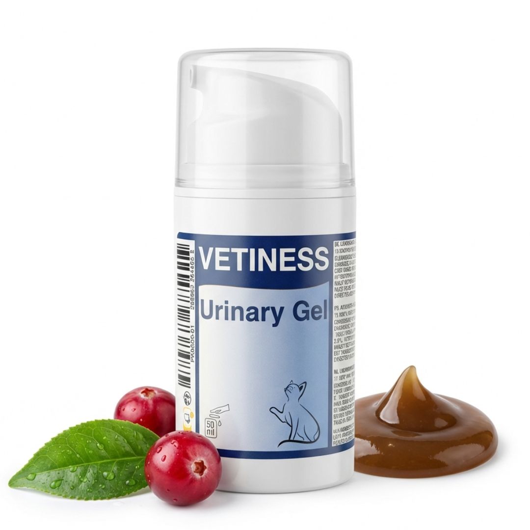 Weißer Pump-Spender "VETINESS Urinary Gel". Daneben Cranberrys und Blätter. Klecks Gel.