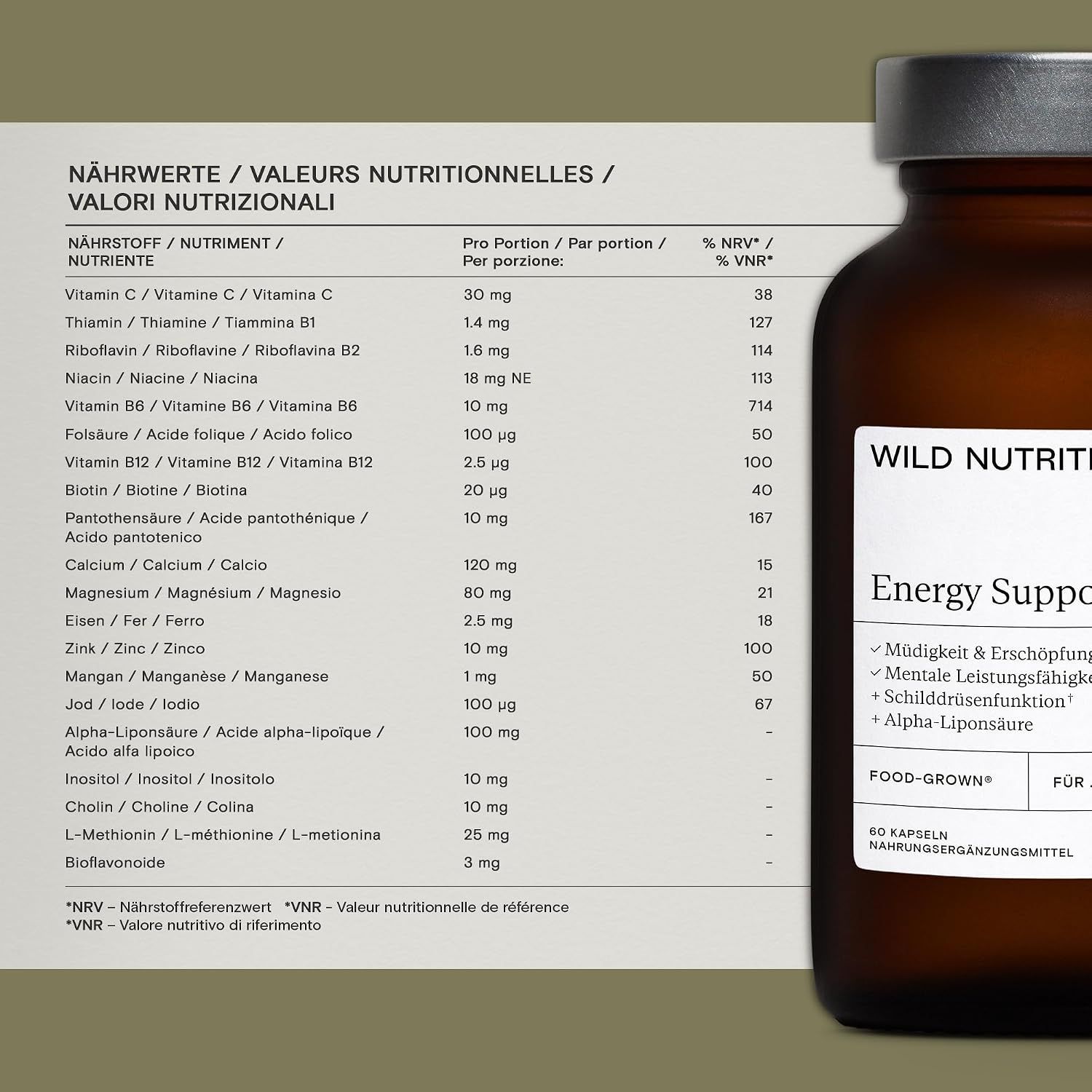 Braune Glasflasche mit Etikett 'Wild Nutrition', Energie-Unterstützung, 60 Kapseln.