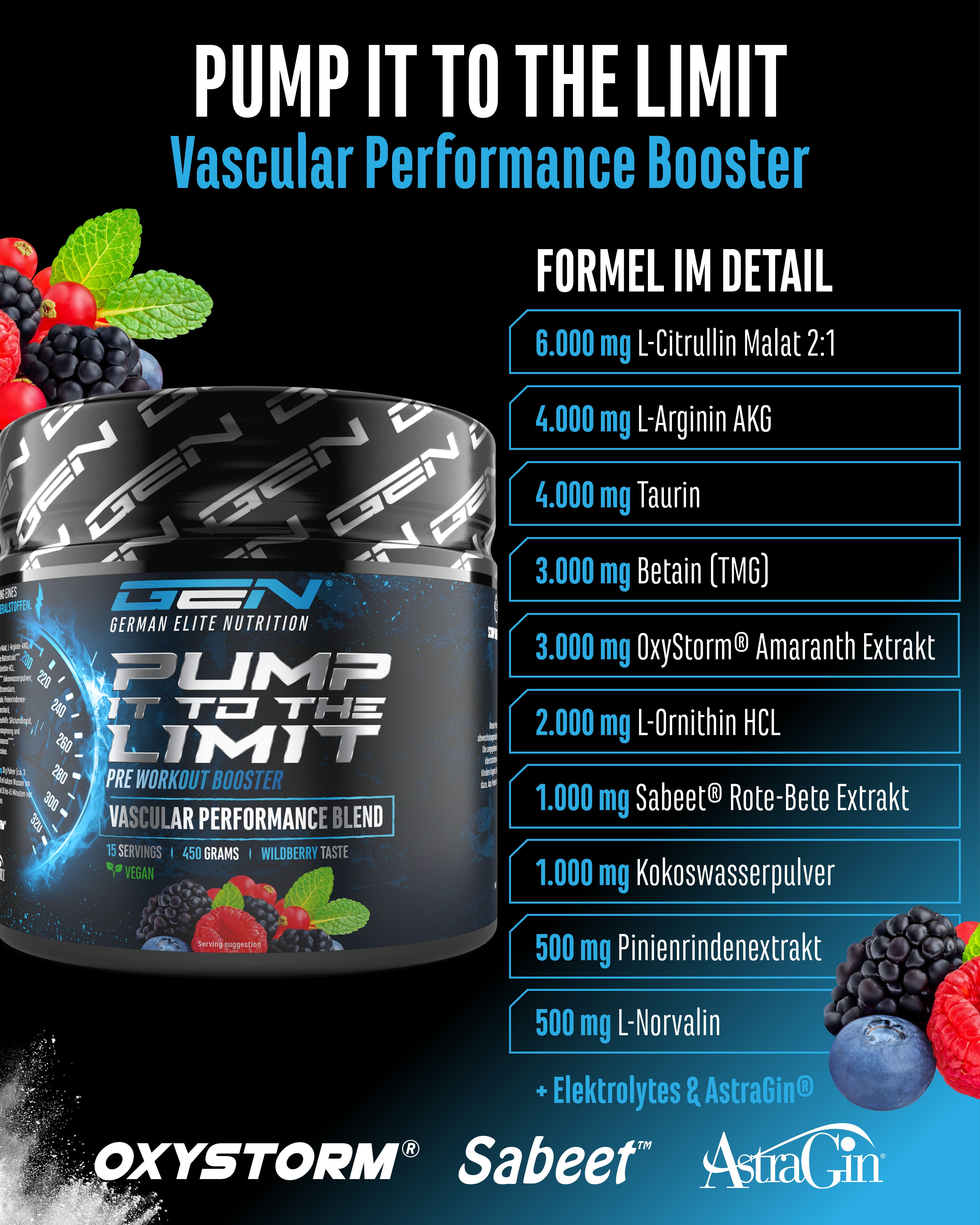 Dose GEN Pump it to the Limit 2.0. Inhaltsstoffe: L-Citrullin Malat, L-Arginin AKG, Taurin, Betain, OxyStorm, Sabeet, Kokoswasserpulver.