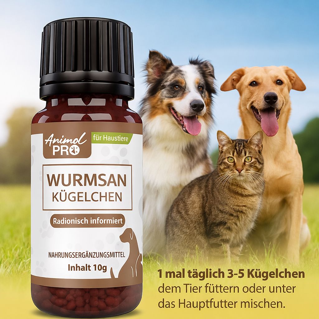 Braune Glasflasche mit schwarzem Deckel. Etikett mit Produktnamen und Logo. Hunde und Katze im Freien.