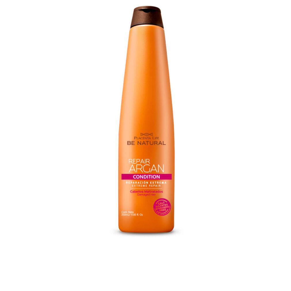 Orangefarbene Flasche mit braunem Deckel. Aufschrift: Be Natural Repair Argan Condition. Rosa Etikett mit Text.