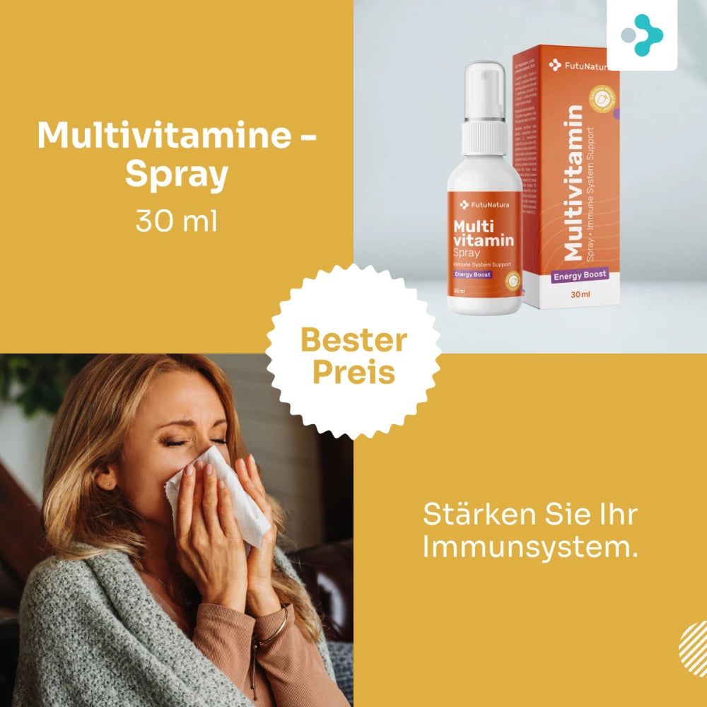 FutuNatura Multivitamine Spray. Mehrere Flaschen und Mangos auf gelbem Hintergrund.