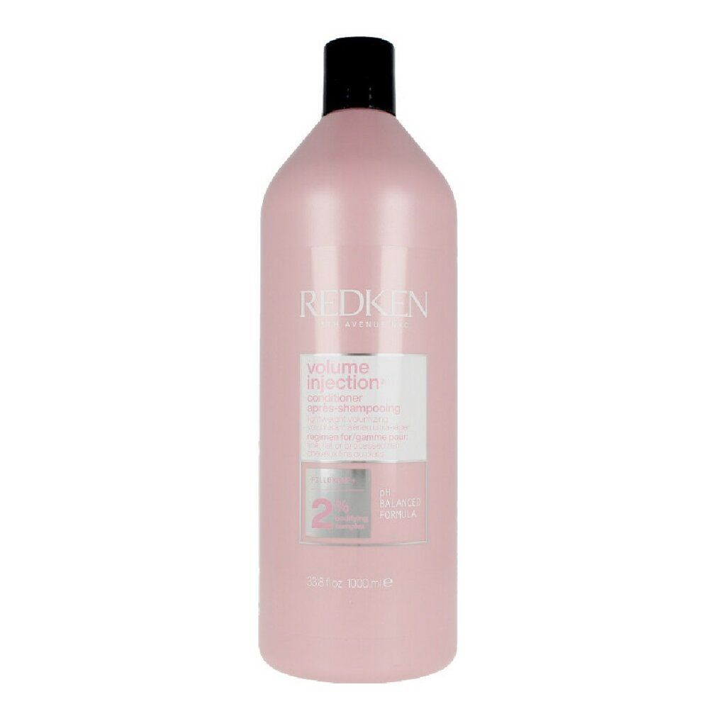 Rosa Flasche mit schwarzem Deckel. Etikett mit Produktinformationen. Marke Redken.