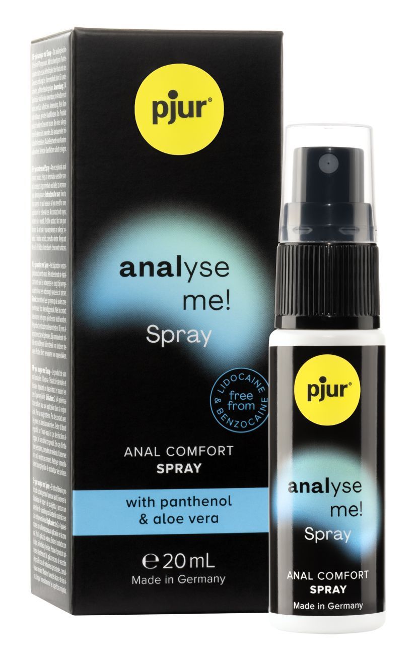 Schwarze Schachtel und Flasche. Aufschrift: pjur, analyse me! Spray, Anal Comfort Spray, mit Panthenol & Aloe Vera. 20ml.