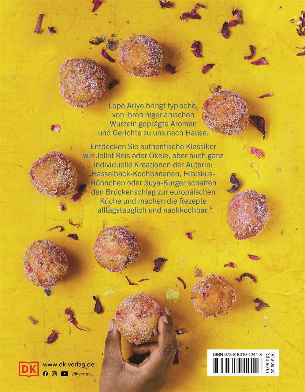 Rückseite des Buches "Hibiskus". Gelber Hintergrund mit Speisen und Blütenblättern. Text und ISBN.