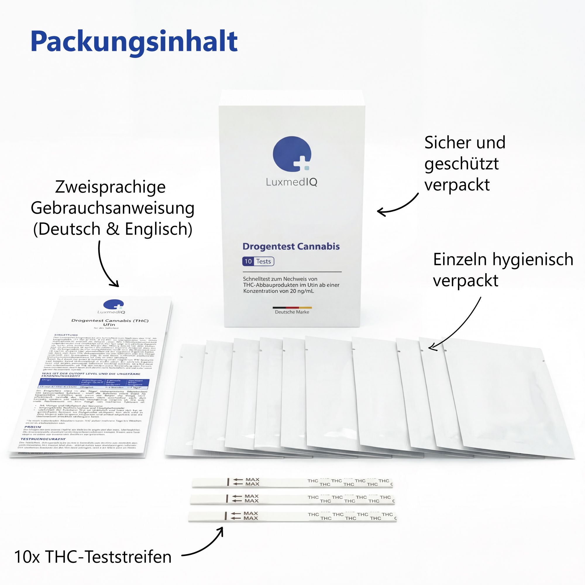 Packungsinhalt: Box, Gebrauchsanweisung, 10 Teststreifen. Einzeln verpackte Teststreifen. Zweisprachige Anleitung.