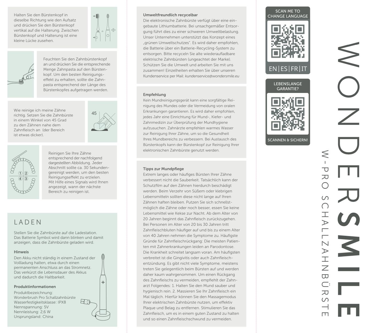 Wondersmile W-PRO Schallzahnbürste: Anleitung, QR-Codes für Sprache und Garantie, Recycling-Infos.