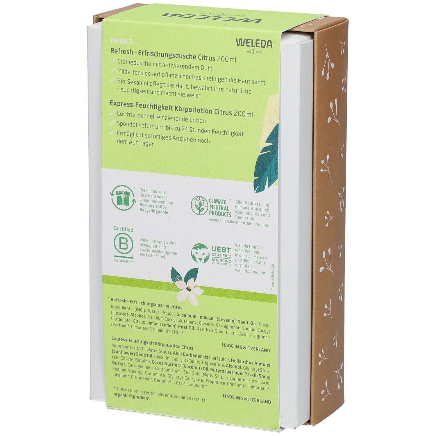 Rückseite der Geschenkbox. Text: Refresh-Erfrischungsdusche, Express-Feuchtigkeit Körperlotion. Inhaltsstoffe, Zertifizierungen.