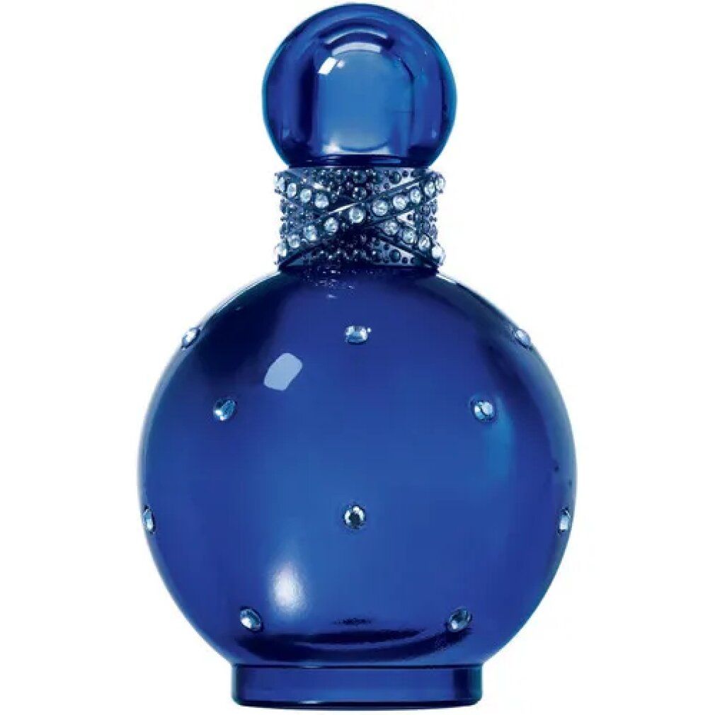 Dunkelblaue Flasche mit Sprühkopf. Verziert mit Strasssteinen. Kugelform.