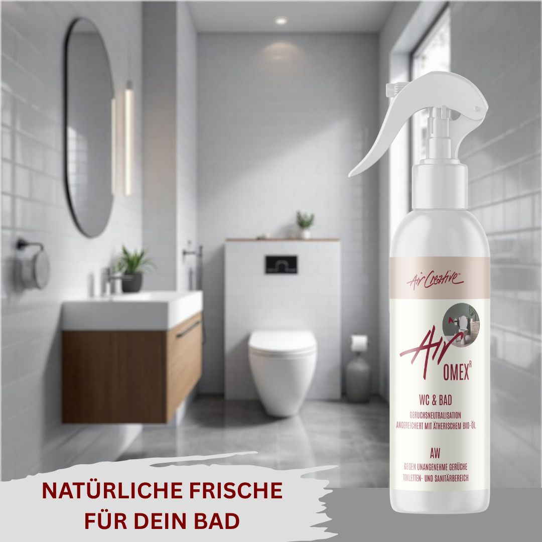 Airomex® AW WC & Bad Sprühflasche im Badezimmer. Text: Natürliche Frische für dein Bad.