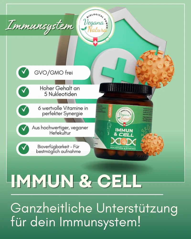 Braune Glasflasche mit schwarzem Deckel. Grün-weißes Etikett mit Text: IMMUN & CELL, NUKLEOTIDEN & VITAMINEN. Marke: Vegana Natura.  Zusätzlich: grüne Grafik.