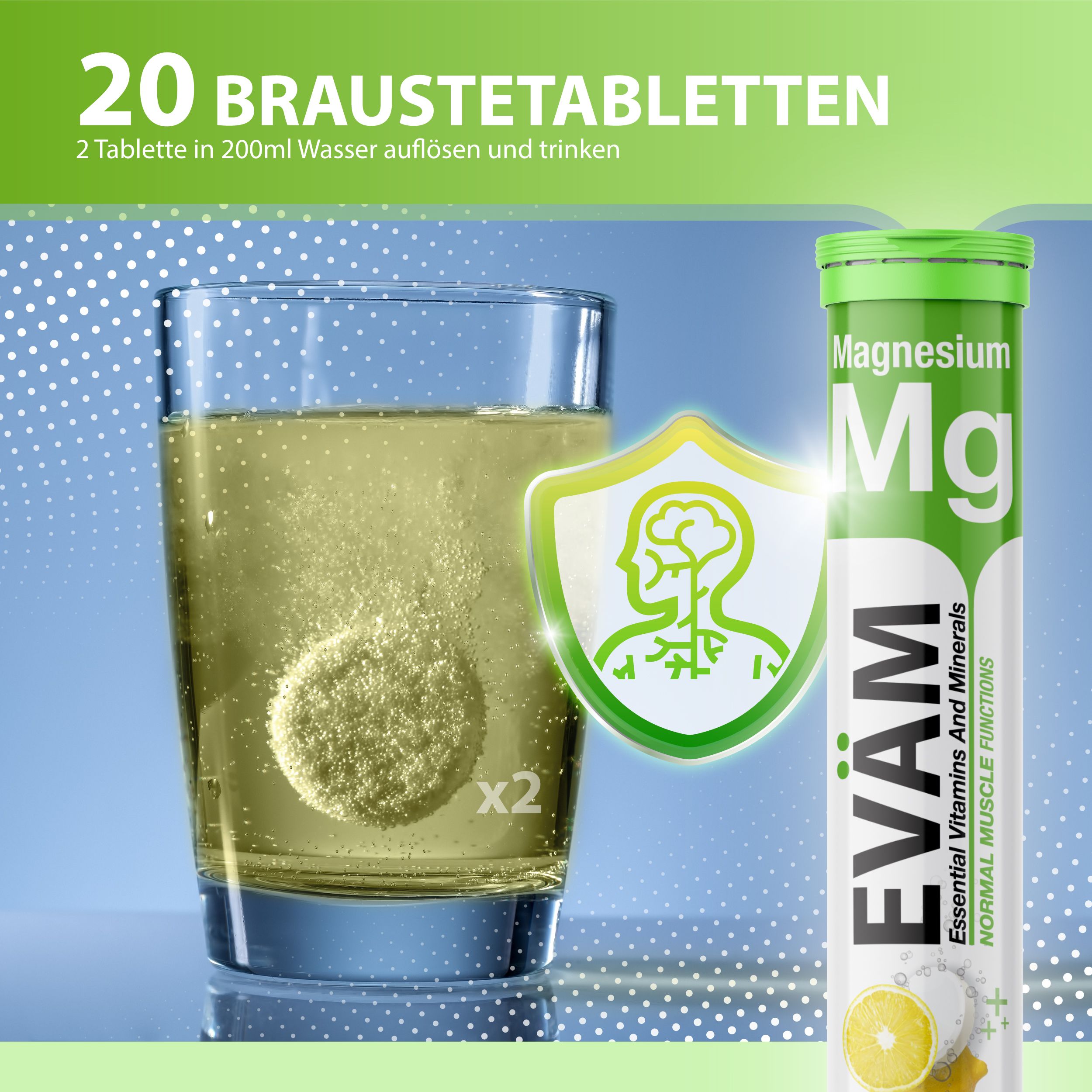 EVÄM Magnesium Brausetablette in Glas Wasser. Produkt-Tube daneben. Aufschrift: Magnesium, EVÄM, Lemon Flavour. Mit Schutzschild-Symbol.
