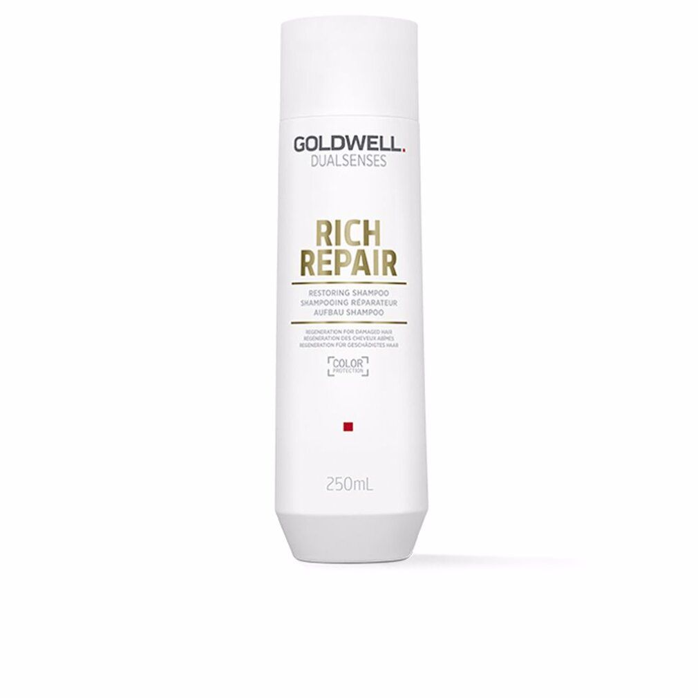 Goldwell Dual Senses Rich Repair Shampoo. Weiße Flasche mit weißem Deckel. Produktname und Details in Schwarz und Gold. Roter Punkt.