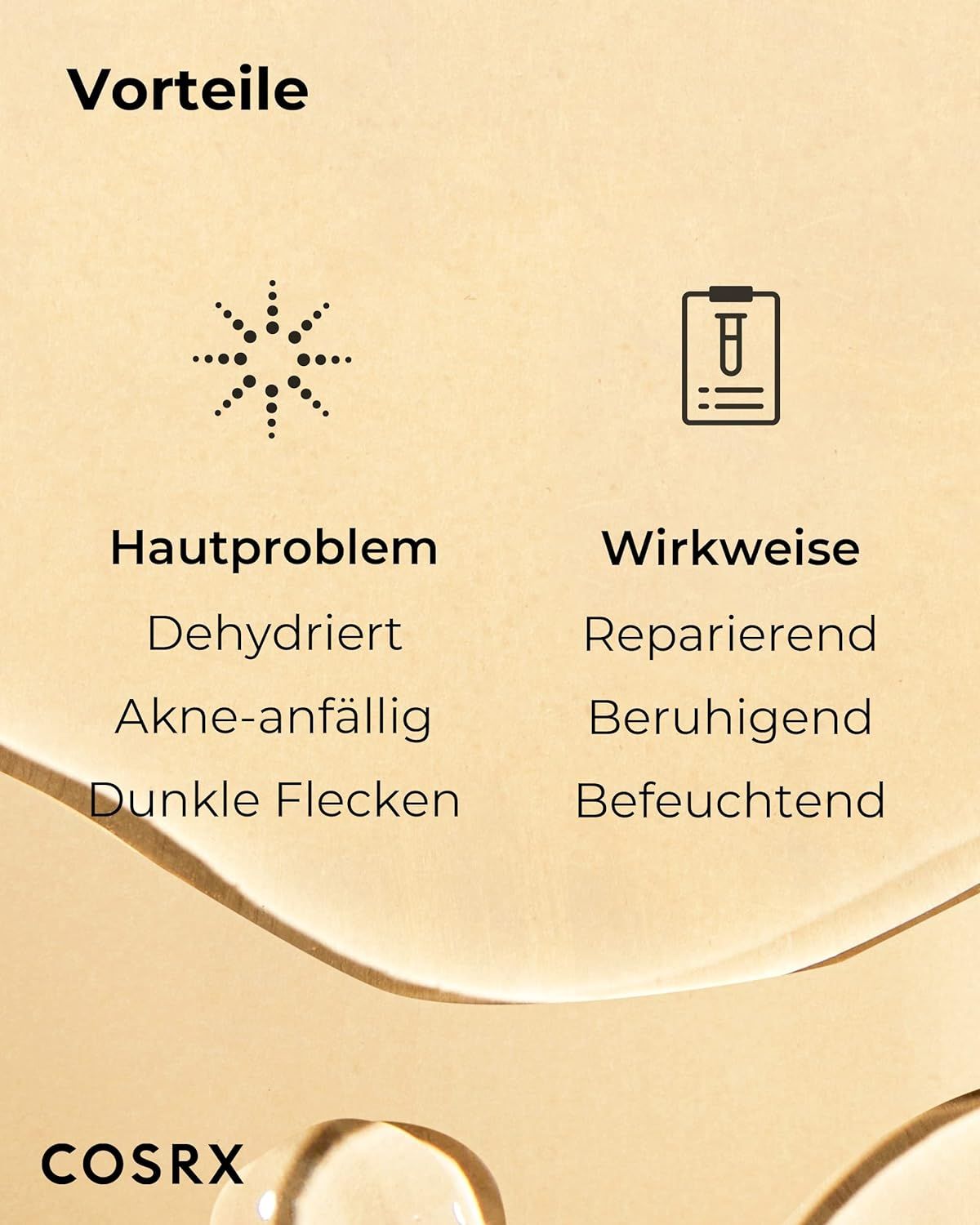 Gelber Hintergrund mit Text. Vorteile: Hautproblem, Wirkweise. Marke COSRX am unteren Rand.