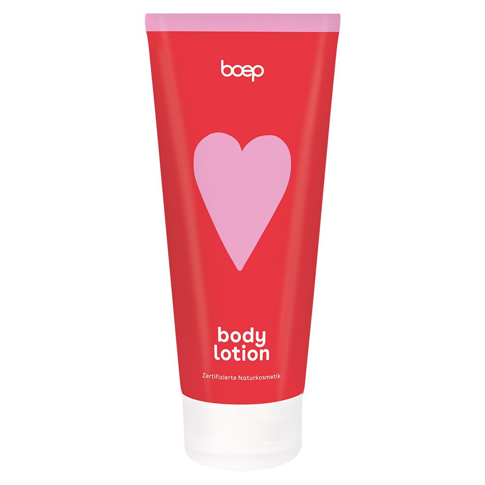 Rote Tube Bodylotion mit rosa Herz. Text: boep body lotion. Text: Zertifizierte Naturkosmetik.