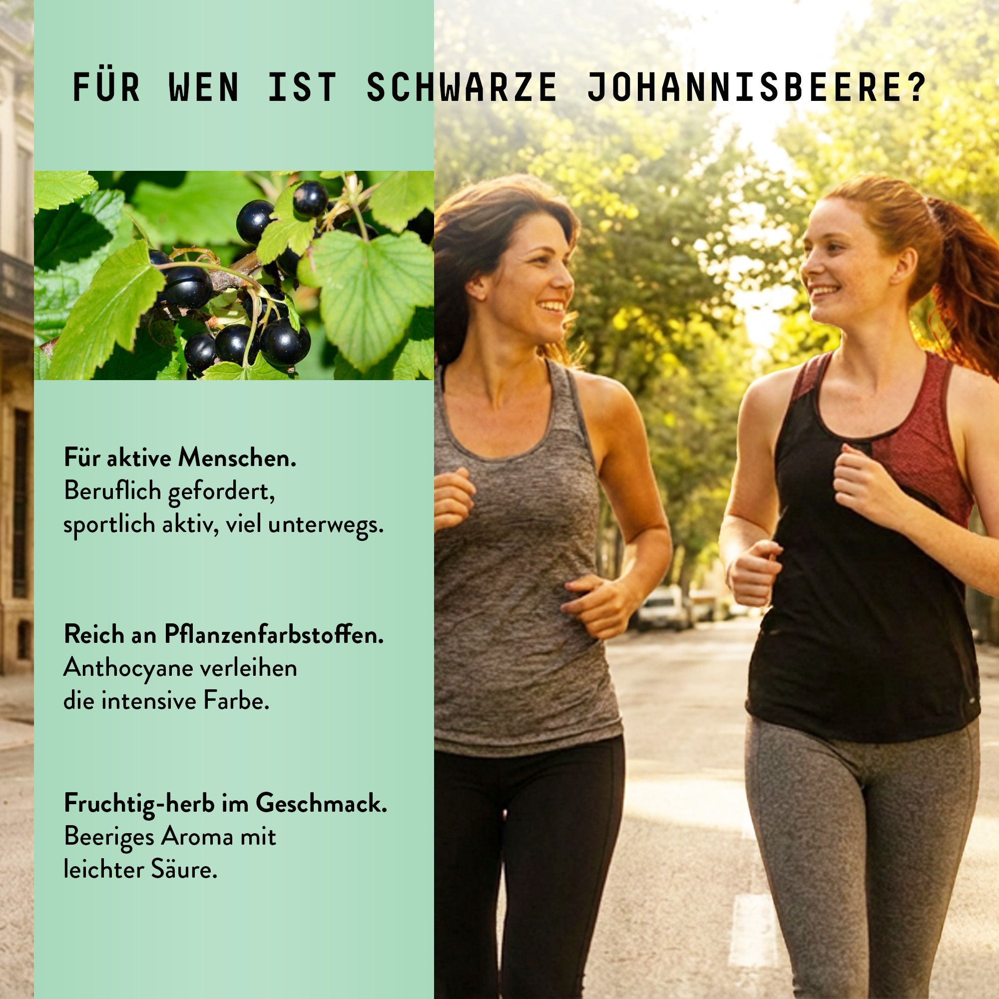 Zwei Frauen joggen. Text: Für aktive Menschen. Reich an Pflanzenfarbstoffen. Fruchtig-herb im Geschmack.