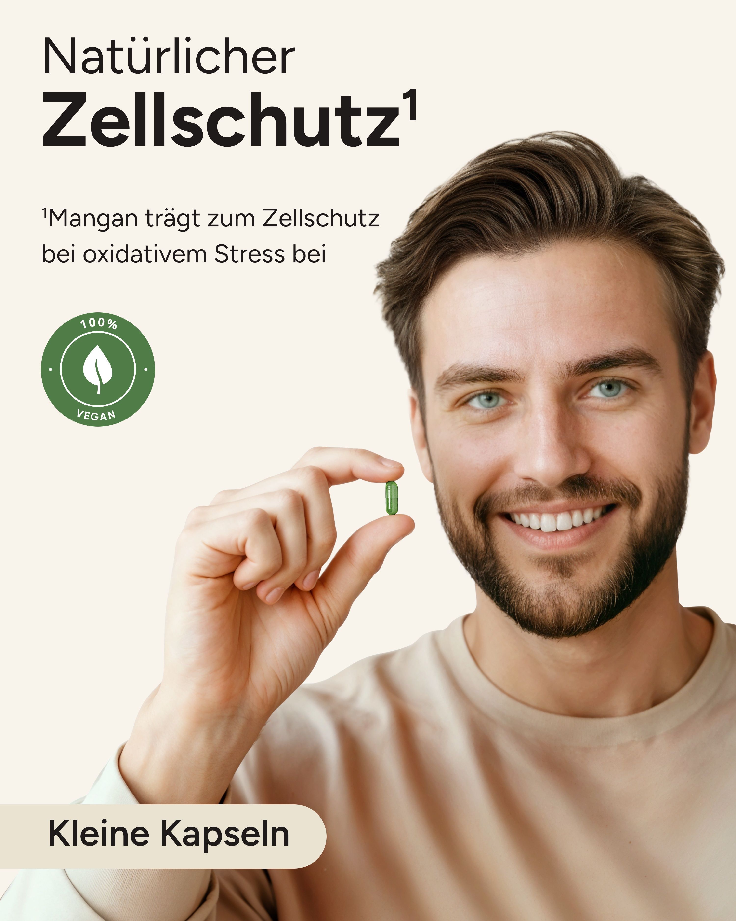 Mann hält grüne Kapsel. Natürlicher Zellschutz. 100% vegan. Kleine Kapseln.