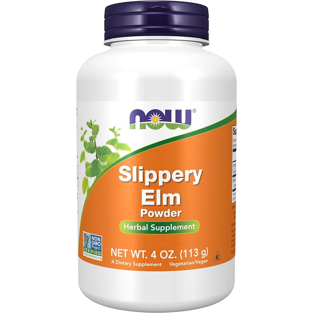 Now Foods Slippery Elm Pulver, ein pflanzliches Nahrungsergänzungsmittel in einem weißen Behälter mit orange-grünem Etikett.