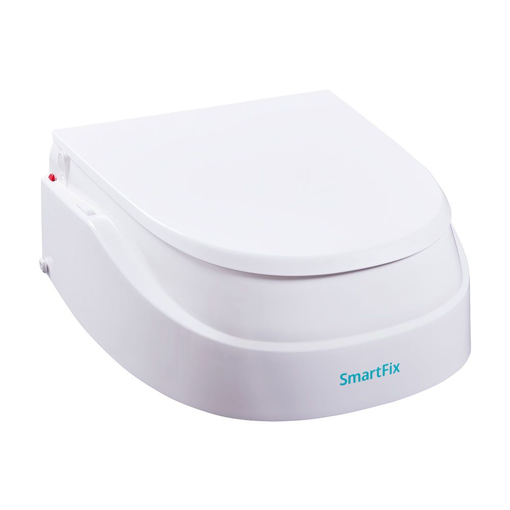 Weiße Toilettensitzerhöhung ohne Armlehnen. Mit Deckel und SmartFix-Logo. Seitlich roter Knopf.