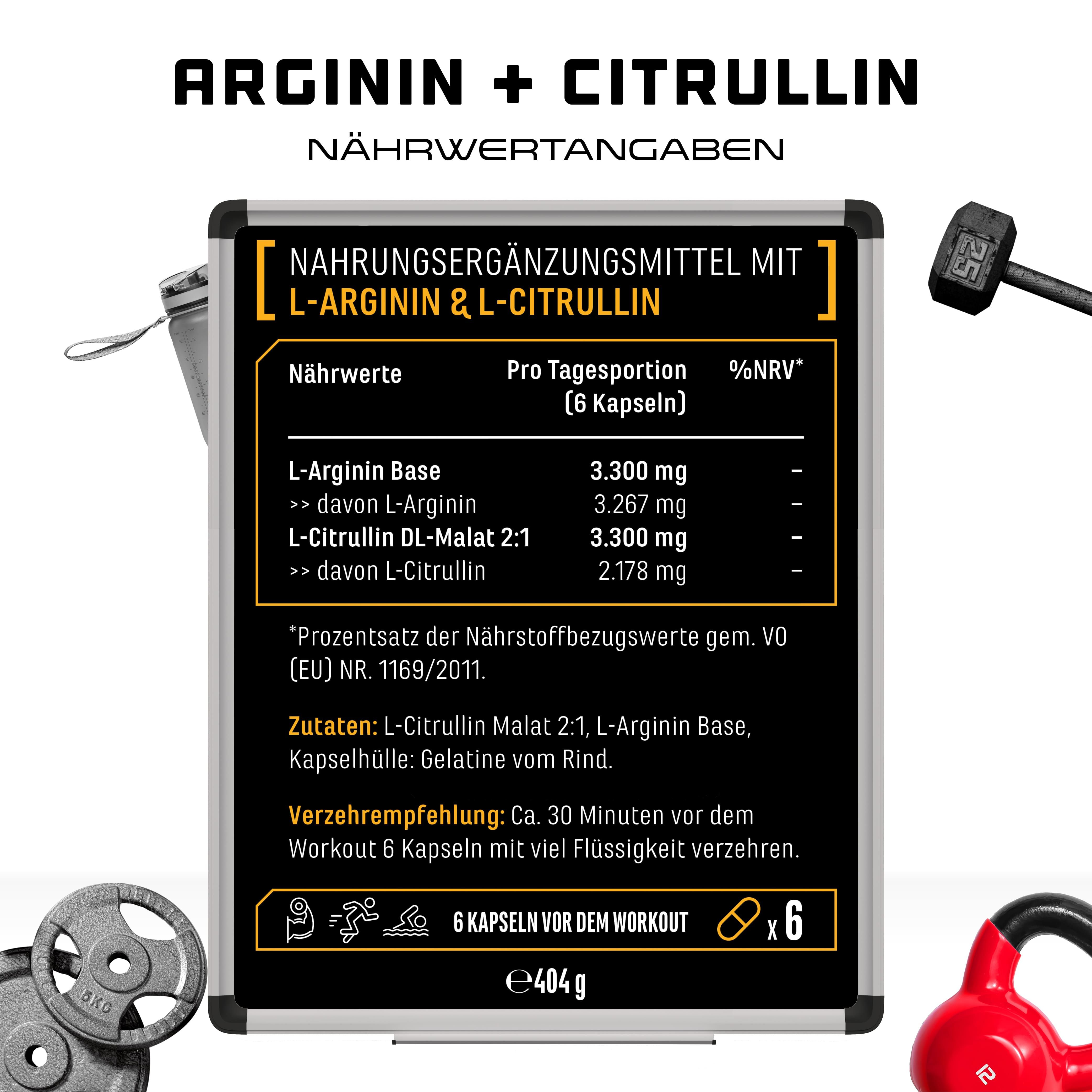Nährwertangaben von GEN Arginin + Citrullin. Enthält Informationen zu Inhaltsstoffen und Verzehrempfehlung.
