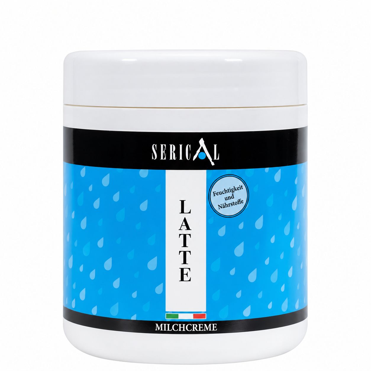 Weiße Dose mit blauer Tropfenmusterung, "SERICAL LATTE MILCHCREME" Aufschrift.