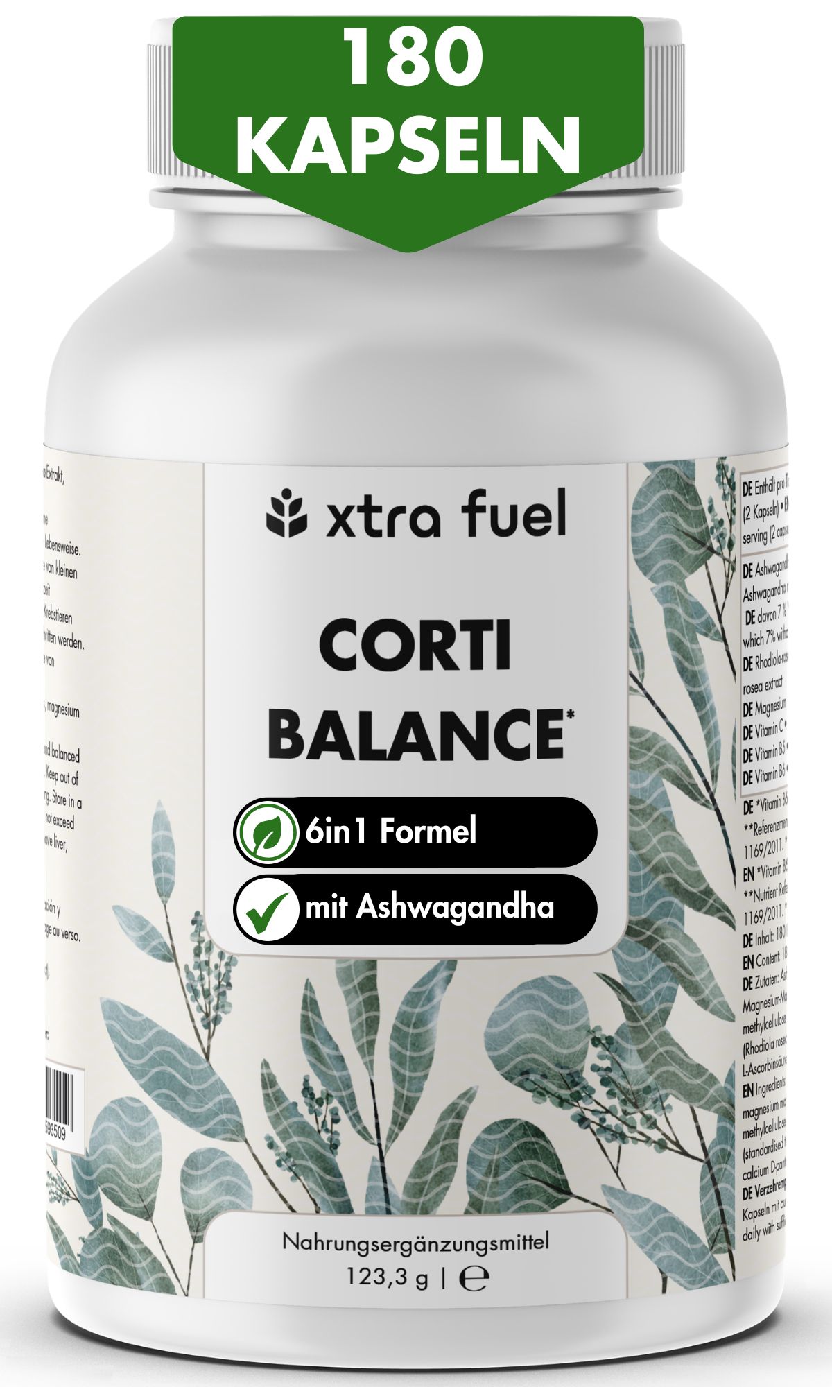 Weiße Dose mit XTRA FUEL Corti Balance Kapseln, 180 Stück, mit Ashwagandha.