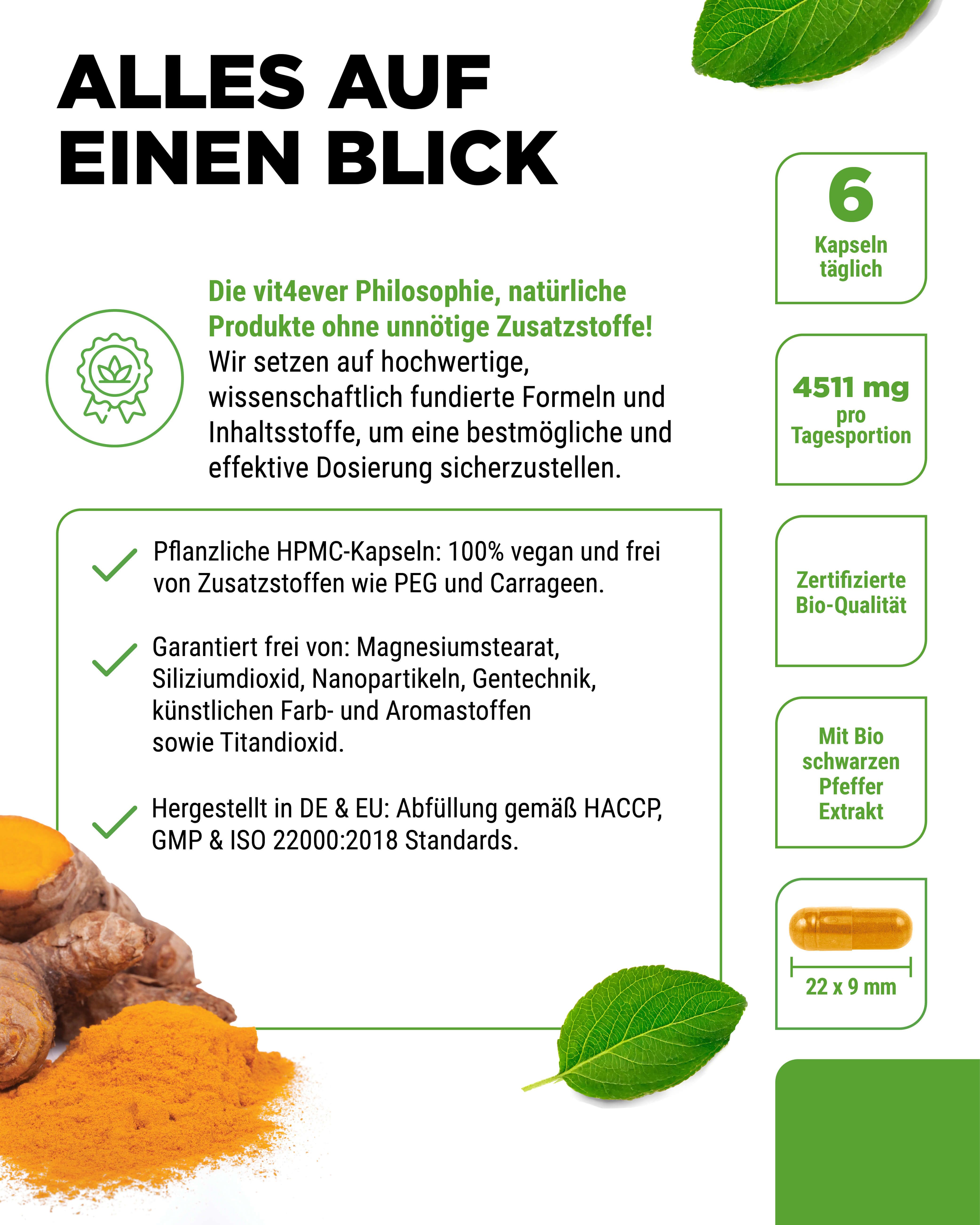 Text: Alles auf einen Blick. 6 Kapseln täglich. 4511 mg pro Tagesportion. Zertifizierte Bio-Qualität. Kapsel-Abbildung.