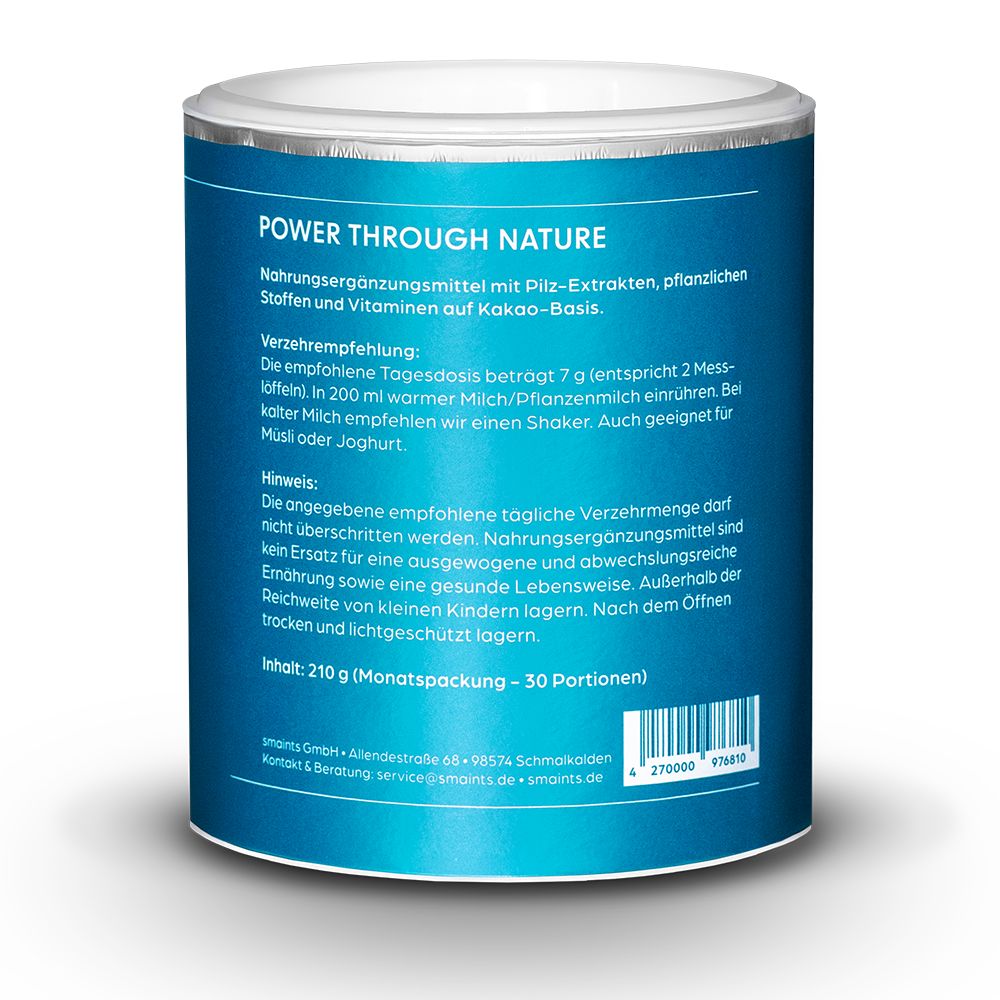 Blau-weiße Dose mit Text: POWER THROUGH NATURE. Enthält Pilz-Extrakte. Text in deutscher Sprache.