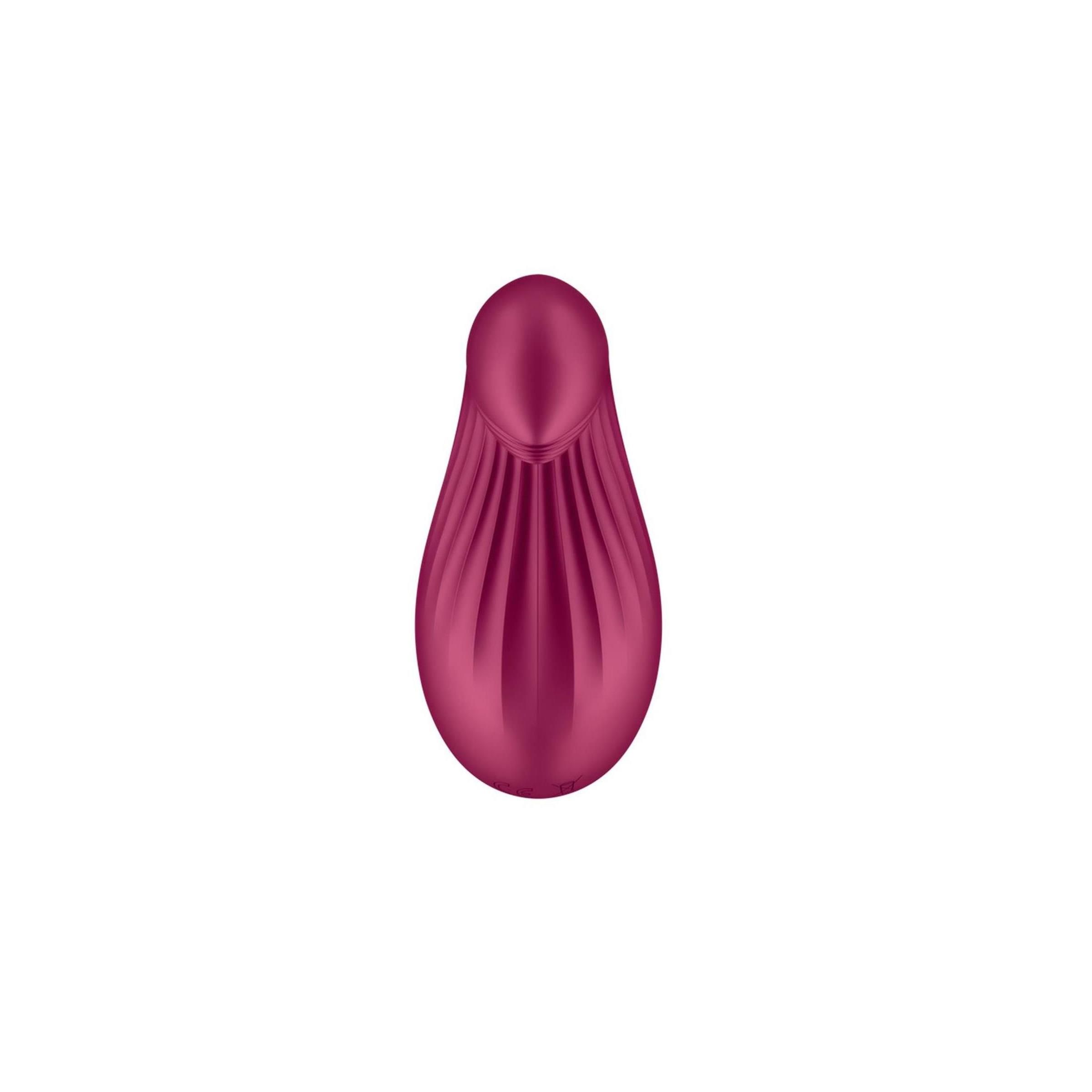Burgunderfarbener Vibrator mit Tropfenform. Oberteil mit geriffelter Oberfläche.
