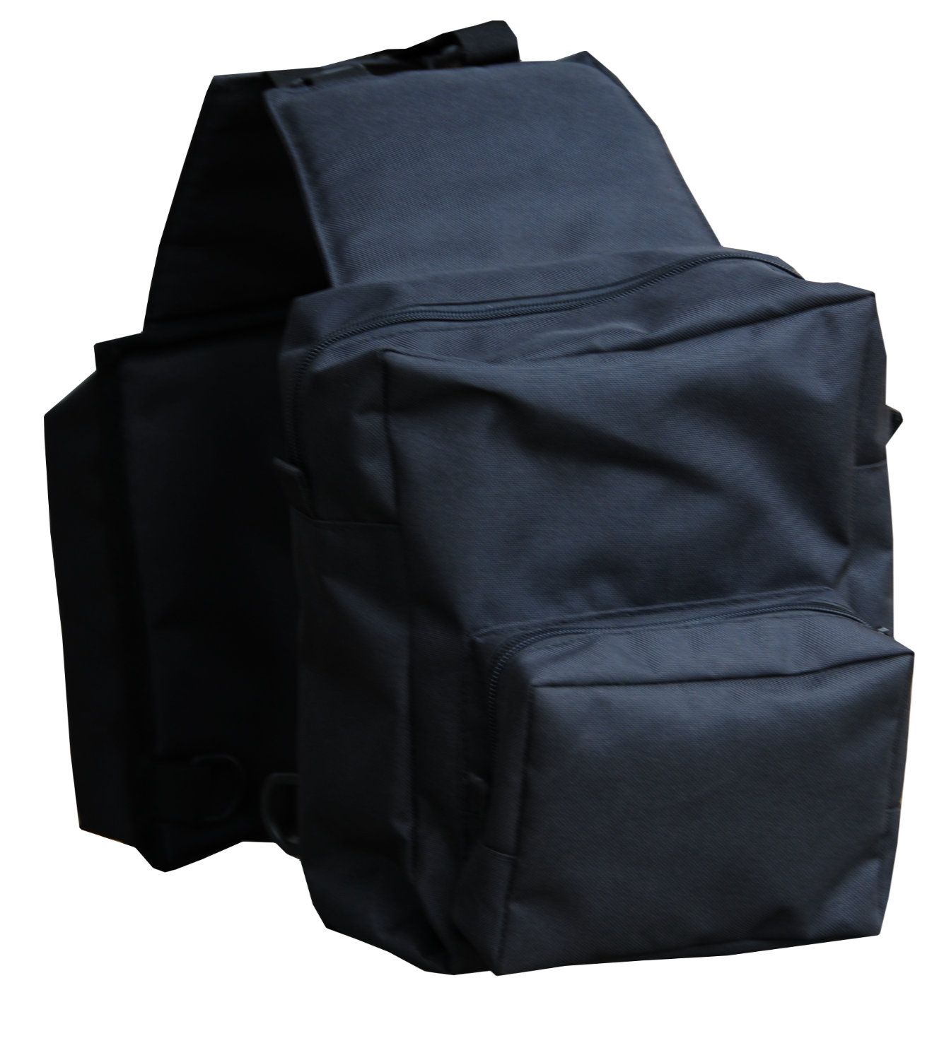 Schwarze Satteltasche mit mehreren Fächern und Taschen.